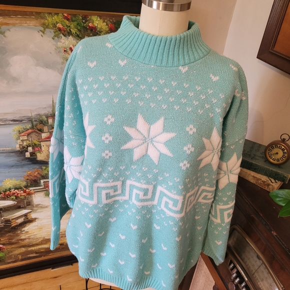 Mint shimmer vintage novelty sweater snowflakes Large - Picture 3 of 8